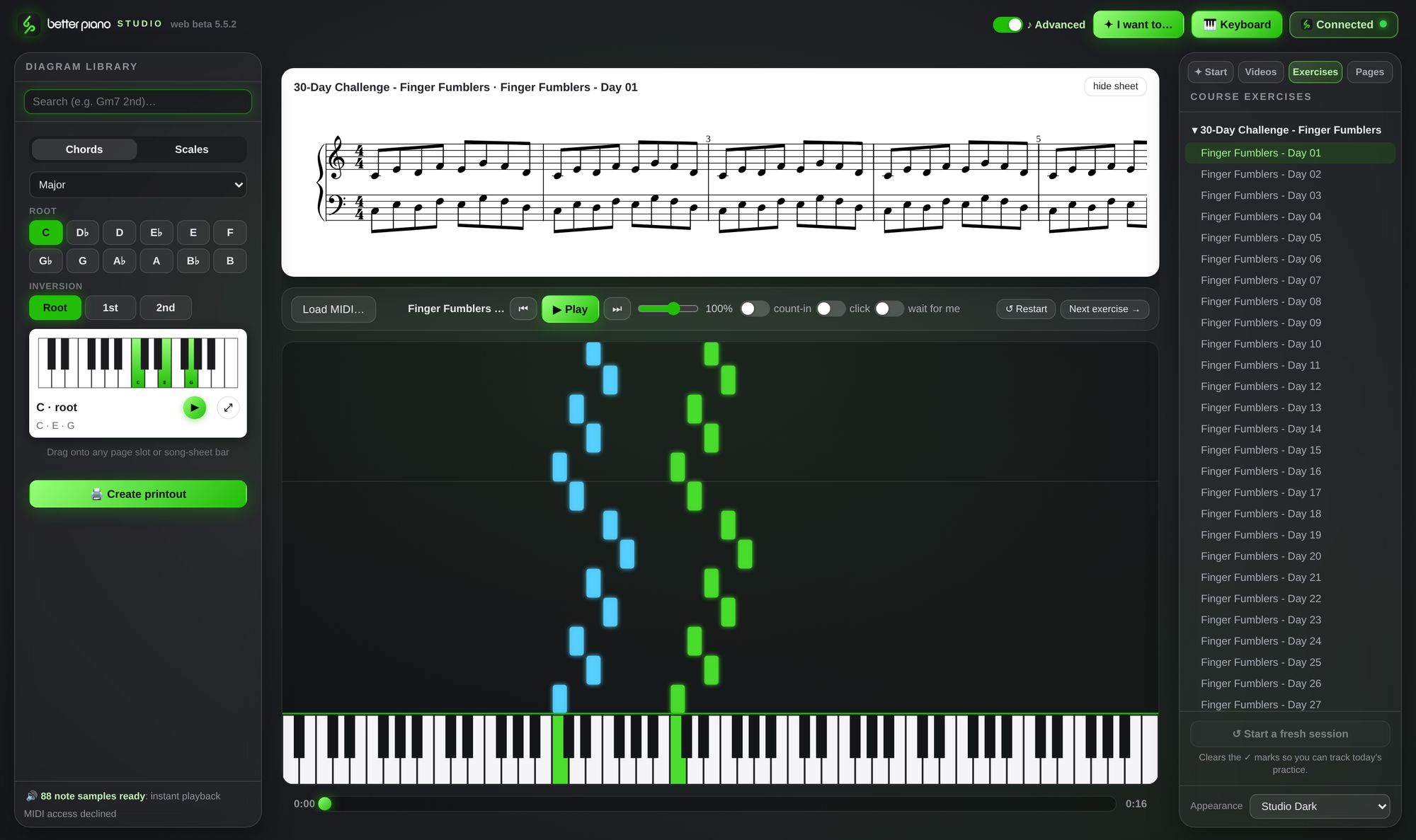 The piano roll view with falling notes
