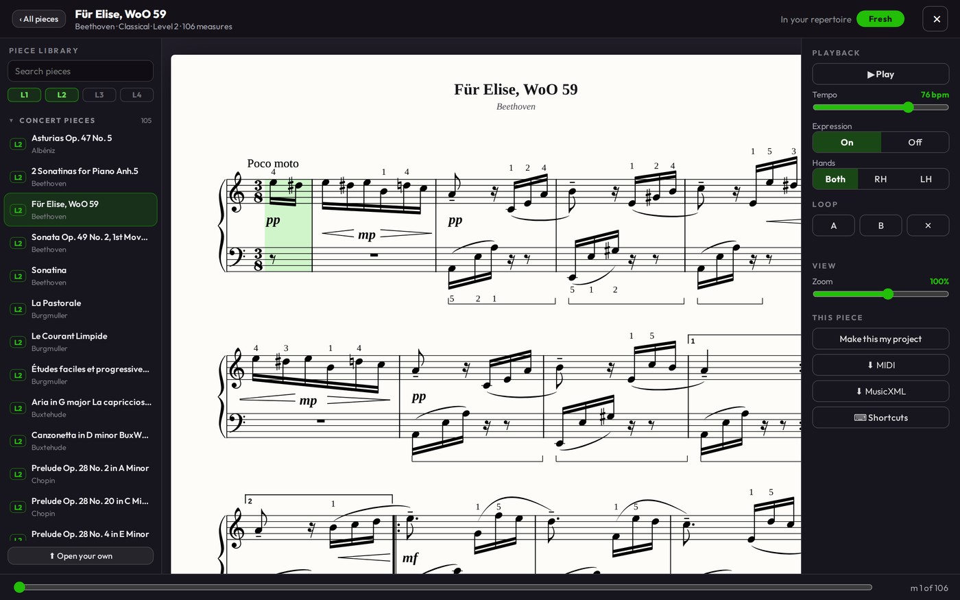 Für Elise open in the Piece Library reader, with playback, tempo, hands and loop controls